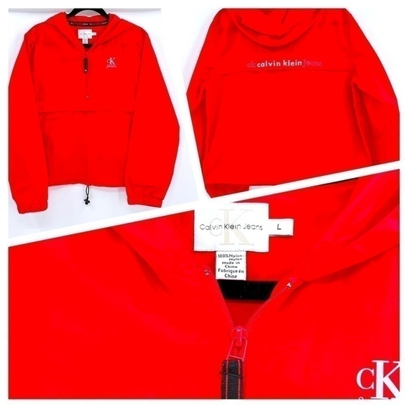 Calvin Klein Jeans Women’s Red Spell Out Windbreaker Jacket size L - Picture 1 of 12